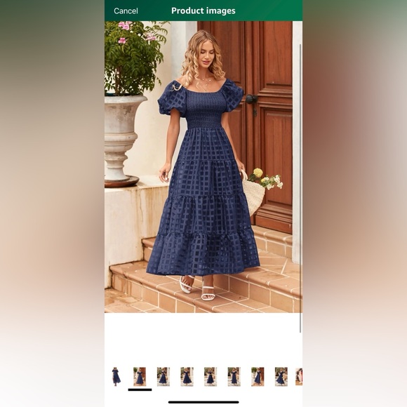 PRETTYGARDEN Puffy Short Sleeve Square Neck Smocked Tiered A Line Midi Dress - Picture 2 of 4